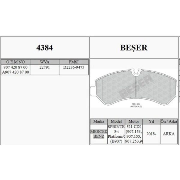 BESER 4384 FREN BALATASI ARKA MERCEDES SPRINTER 907 18> 