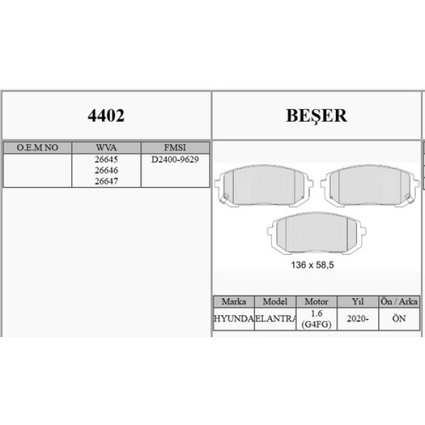 BESER 4402 ON BALATA ELANTRA 2020> 1.6 G4FG (KUCUK TIP) 
