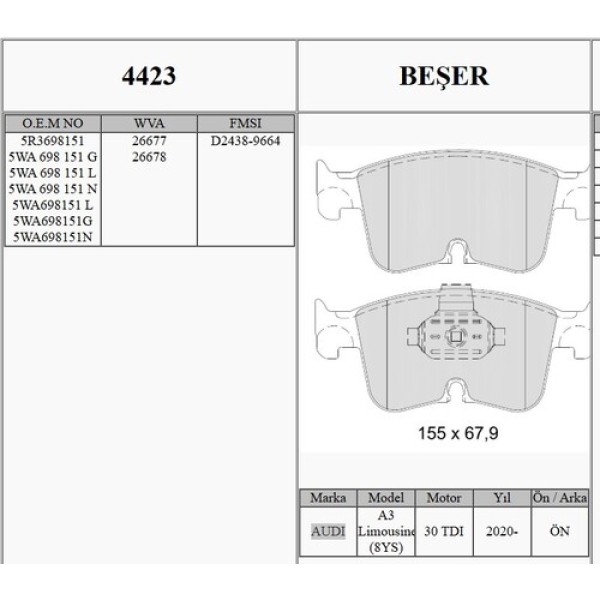 BESER 4423 FREN BALATASI ON WVA 26677-26678 CADDY V GOLF VIII 20> AUDI A3 19> 