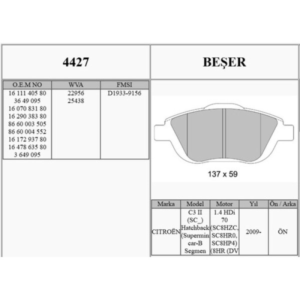 BESER 4427 ON FREN BALATASI C3 III DS3 C3 PICASSO P2008 EPC DV6C MOKKA-E (11 2009 ) 