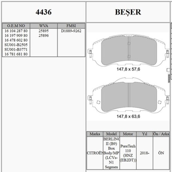 BESER 4436 ON FREN BALATASI OPEL ASTRA L P308 II 13> P308 SW II 14> DISK CAPI (283×26) 