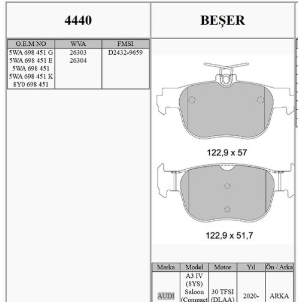 BESER 4440 ARKA FREN BALATASI VOLKSWAGEN CADDY V 20> 