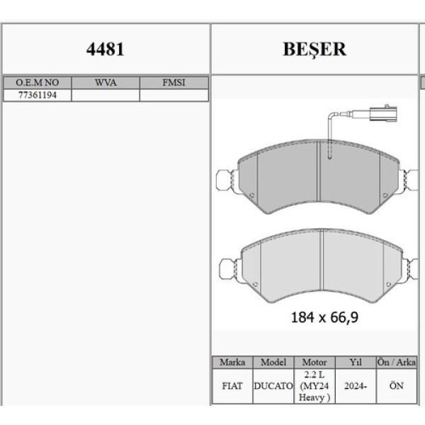 BESER 4481 FREN BALATASI ON BOXER JUMPER FIAT DUCATO 24> 