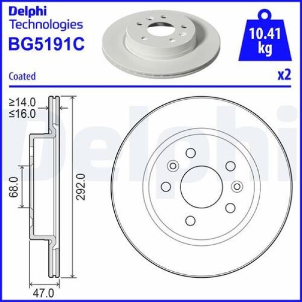 DELPHI BG5191C ARKA FREN DISKI RENAULT MEGANE E TECH 23 AUSTRAL 23 NISSAN QASHQAI III J12 23 292X16X5 DELIK HAVALANDIRMALI 