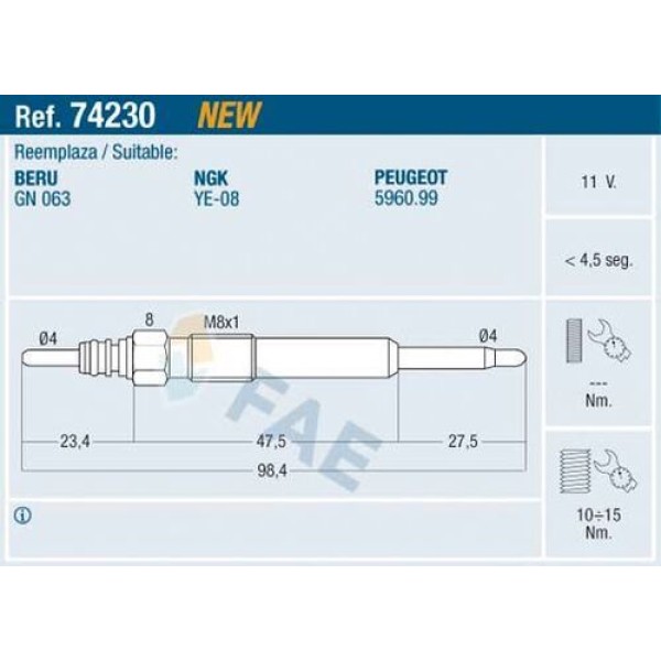 FAE 74230 KIZDIRMA BUJISI P407 P607 P807 C8 C5 II C5 III C6 C CROSSER DW12TED4 (2.2HDI 16V) FORD MONDEO IV 07>14 2.2 TDCI 