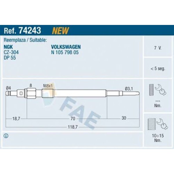 FAE 74243 KIZDIRMA BUJISI 7V PASSAT BKP TOURAN GOLF JETTA A3 A4 A6 2.0 TDI ALTEA LEON TOLEDO III 2.0 TDI OCTAVIA 