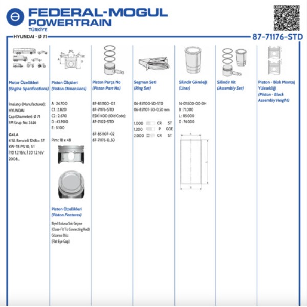 GOETZE 50 SEGMAN 71.50 X 1.0 X 1.2 X 2-57 KW-78PS-G4LA-0.50 KORE I10-I20-RIO 16V 1.2 BENZIN 2008-2013 