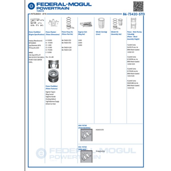 GOETZE STD PISTON JAPON MITSUBISHI CANTER EURO4 SEGMANSIZ PISTON 95MM 4M42 BM BM 