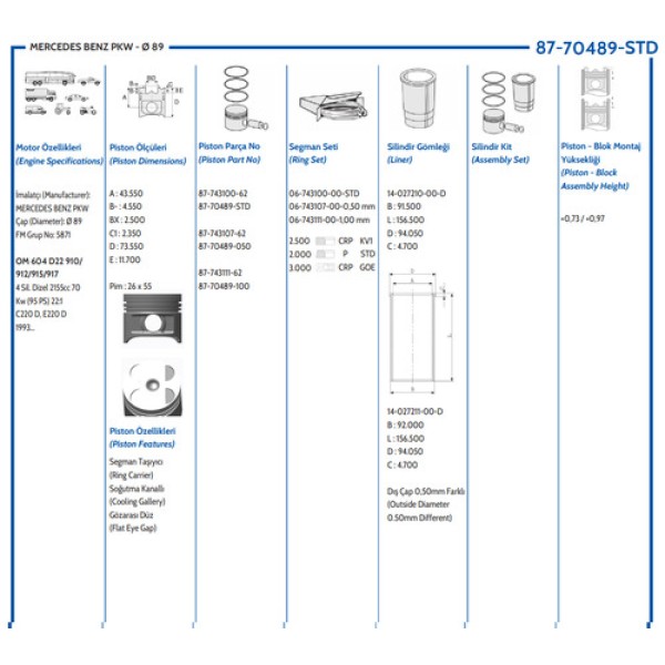GOETZE STD PISTON SEGMAN 89.00 MM 26 PIM SEKMANLI MERCEDES W202-210 OM604 93-95 