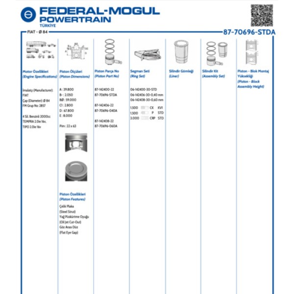 GOETZE STD MOTOR PISTON SEGMAN TEMPRA TIPO 2.0IE 16V (84.00MM) (STD) 