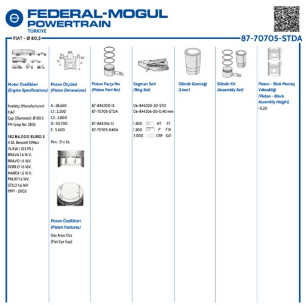 GOETZE STD MOTOR PISTON SEGMAN DOBLO STILO PALIO BRAVO BRAVA MAREA 1.6 16V 02> (80.50MM) (STD) 