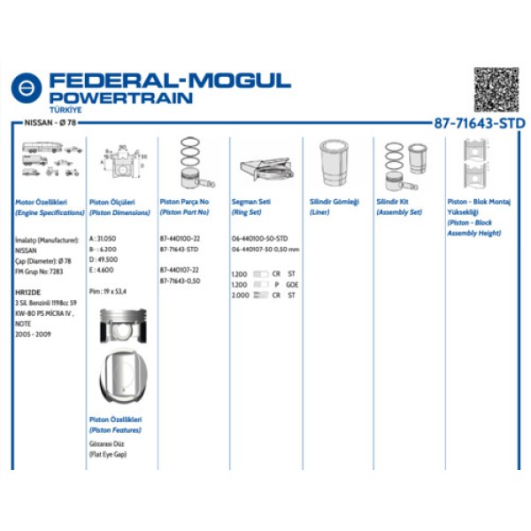 GOETZE 87-71643-STD MOTOR PISTON SEGMAN STD 78MM QASHQAI KADJAR 1.2 DIG-T 14> 