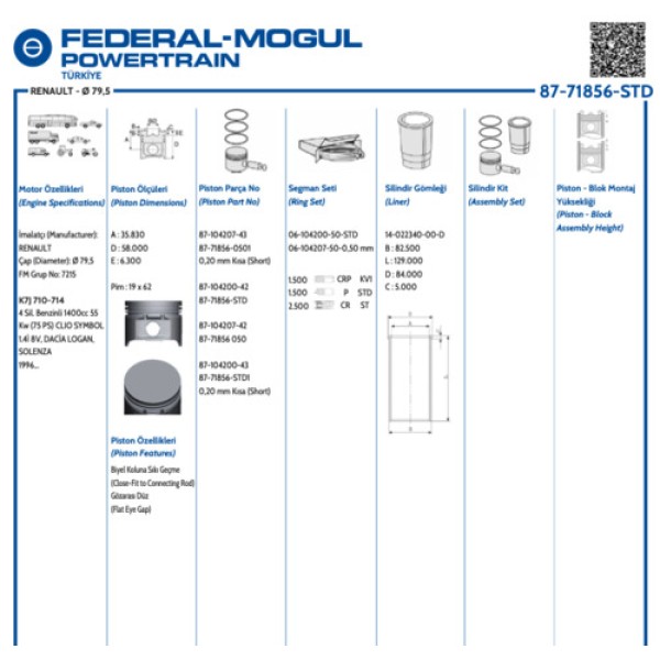 GOETZE STD MOTOR PISTON SEGMAN CLIO MEGANE SYMBOL SANDERO LOGAN 1.4 8V K7J (79.50MM) (STD) 