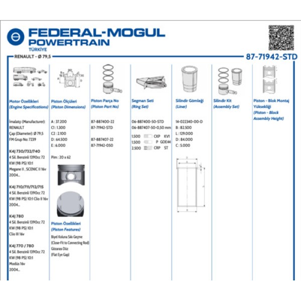 GOETZE STD MOTOR PISTON SEGMAN MEGANE II CLIO II CLIO III MODUS SCENIC II (K4J) 1.4 (79.50MM) (STD) 