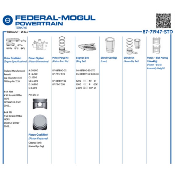 GOETZE STD MOTOR PISTON SEGMAN MEGANE II SCENIC II 2.0 16V (82.70MM) (STD) 