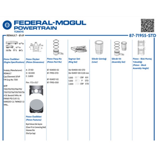 GOETZE STD MOTOR PISTON SEGMAN KANGOO CLIO TWINGO 1.2I D7F (69.00MM) (STD) 