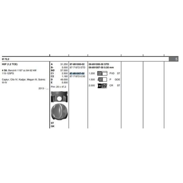 GOETZE 87-71972-050 PISTON SEGMAN (050) 72.20 MM CLIO IV 13> MEGANE III 10> DOKKER 13> MEGANE IV 16> 1.2 TCE 