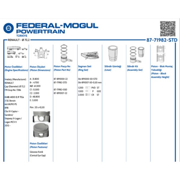 GOETZE STD MOTOR PISTON SEGMAN STD 72.20MM CLIO IV SANDERO II LOGAN II H4B 0.9 66 KW-90 PS (3 SILINDIR) 