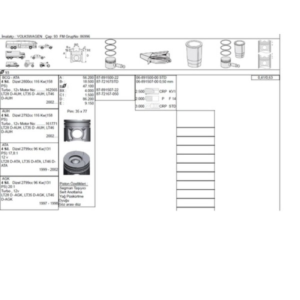 GOETZE 87-72167-STD PISTON+SEGMAN 93.01MM VW 2.8 TDI ATA BCQ-162565AUH-161770 