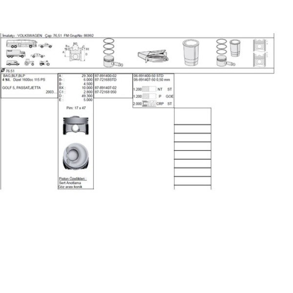 GOETZE STD PISTON SEGMAN 76.51MM STD GOLF V OCTAVIA EOS A3 JETTA III PASSAT TOURAN 1.6 FSI BLF BAG BLP 