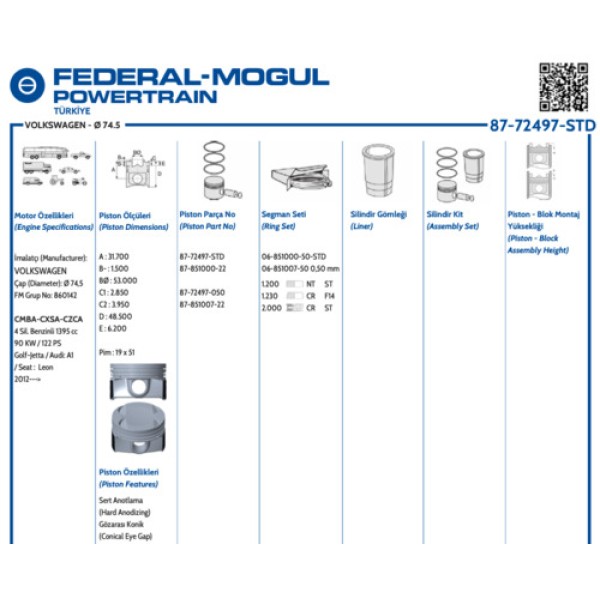 GOETZE STD PISTON+SEGMAN KOMPLE-STD VW CADDY - GOLF - JETTA - PASSAT - POLO - AUDI A3 - SEAT LEON - SKODA FABIA CMBA-CXSA-CZCA-CZCB-CZDD 2015 ONCESI 
