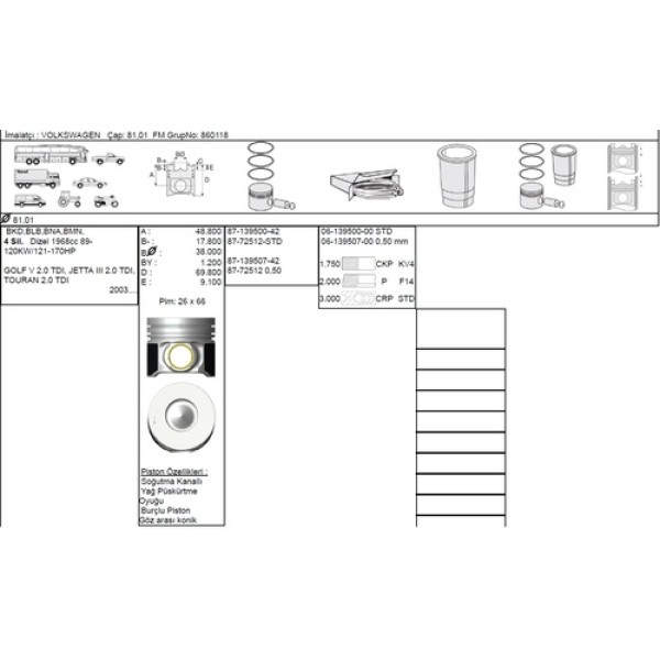 GOETZE STD PISTON+SEGMAN 81.00 MM- AUDI A4 2.0 TDI BRE BNA BRF BKD 
