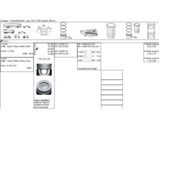 GOETZE STD PISTON SEGMAN 79.51MM STD GOLF VI CADDY III JETTA III VI PASSAT POLO BEETLE A1 A3 ALTEA IBIZA V LEON TOLEDO IV FABIA POLO 1.2TDI 3 SILINDIR OCTAVI RAPID ROOMSTER SUPERB YETI CAYA CAYB CAYC CAYD CAYE CFWA CLNA 1.2 1.6TDI 09>15 