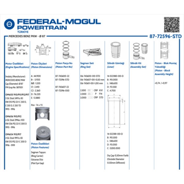 GOETZE 87-72596-STD PISTON 604 605 606 87.00 MM 26 PIM 