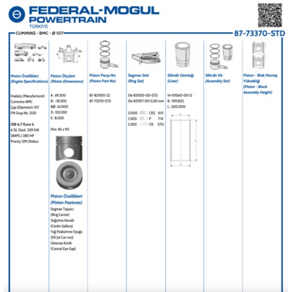 GOETZE 87-73370-STD KHD OTOKAR SULTAN 140 S EURO 6 107 MM PISTON 