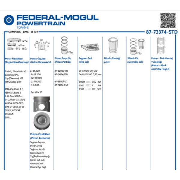 GOETZE 87-73374-STD KHD PISTON CUMMINS OTOKAR SULTAN EURO 5 L6 107MM 