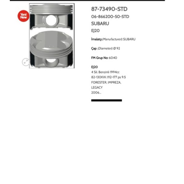 GOETZE STD PISTON + SEGMAN STD 92.00 MM SUBARU FORESTER IMPREZA LEGACY 2.0 16V EJ20 06> 