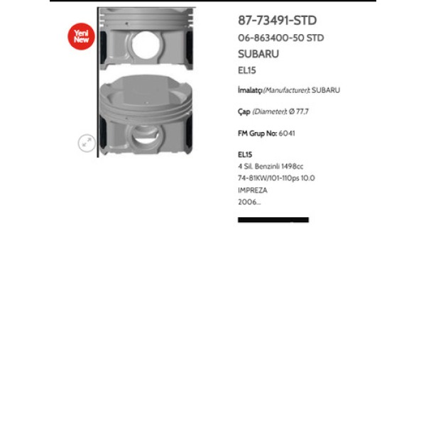 GOETZE STD PISTON + SEGMAN STD 77.70 MM SUBARU IMPREZA 1.5 EL15 06> 