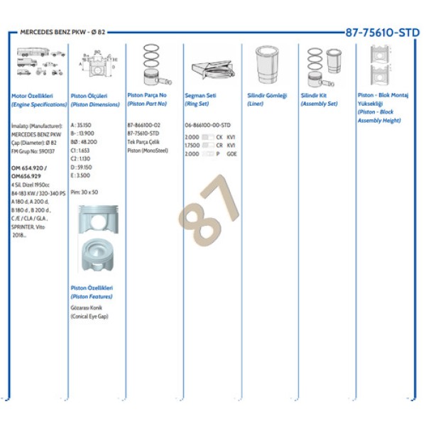 GOETZE STD PISTON 654 656 82.00 MM 118 177 213 222 447 907 