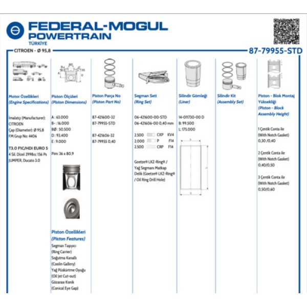 GOETZE STD MOTOR PISTON SEGMAN STD BOXER III-JUMPER III-DUCATO III-DAILY 06> EURO5 F1C 3.0HDI-MITSUBISHI FUSO CANTER EURO 5-6 MOTOR 95.80 MM 