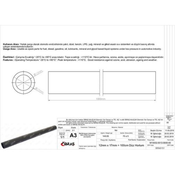 IBRAS 65151 12MM 17MM 100 CM YAG METRELIK HORTUMU DIZEL .BENZIN . LPG .YAG KULLANIMI ICIN 