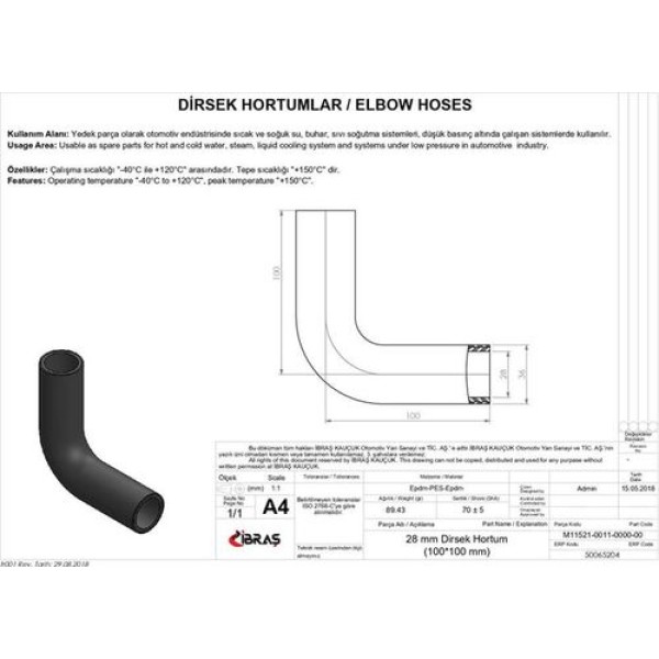 IBRAS 65204 28MM 36MM 10CM 10CM DIRSEK HORTUMU SICAK VE SOGUK SU KULLANIMI ICIN 