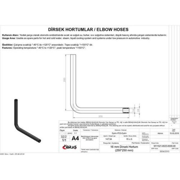 IBRAS 65310 16MM 24MM 25CM 25CM DIRSEK HORTUMU SICAK VE SOGUK SU KULLANIMI ICIN 