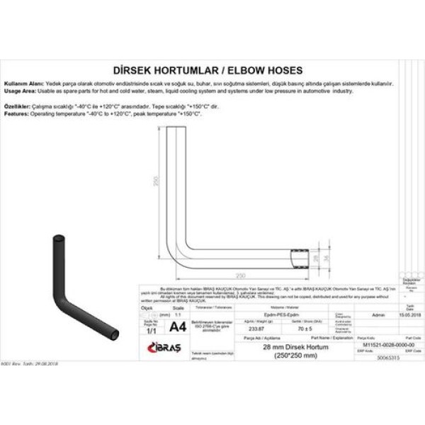 IBRAS 65315 28MM 36MM 25CM 25CM DIRSEK HORTUMU SICAK VE SOGUK SU KULLANIMI ICIN 