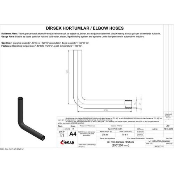 IBRAS 65316 30MM 39MM 25CM 25CM DIRSEK HORTUMU SICAK VE SOGUK SU KULLANIMI ICIN 