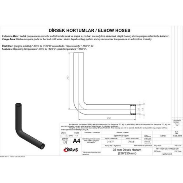 IBRAS 65318 35MM 44MM 25CM 25CM DIRSEK HORTUMU SICAK VE SOGUK SU KULLANIMI ICIN 