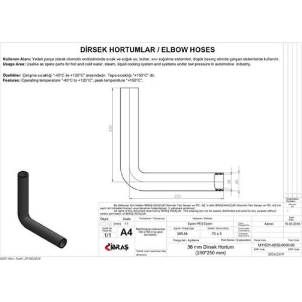 IBRAS 65319 38MM 48MM 25CM 25CM DIRSEK HORTUMU SICAK VE SOGUK SU KULLANIMI ICIN 