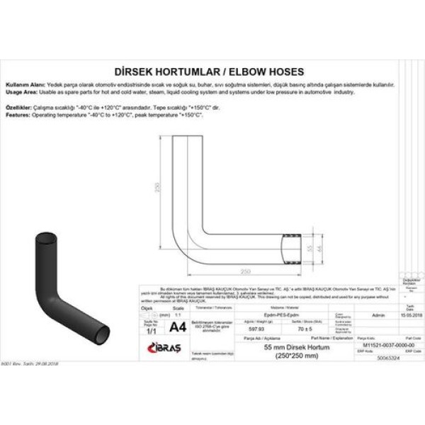 IBRAS 65324 55MM 66MM 25CM 25CM DIRSEK HORTUMU SICAK VE SOGUK SU KULLANIMI ICIN 