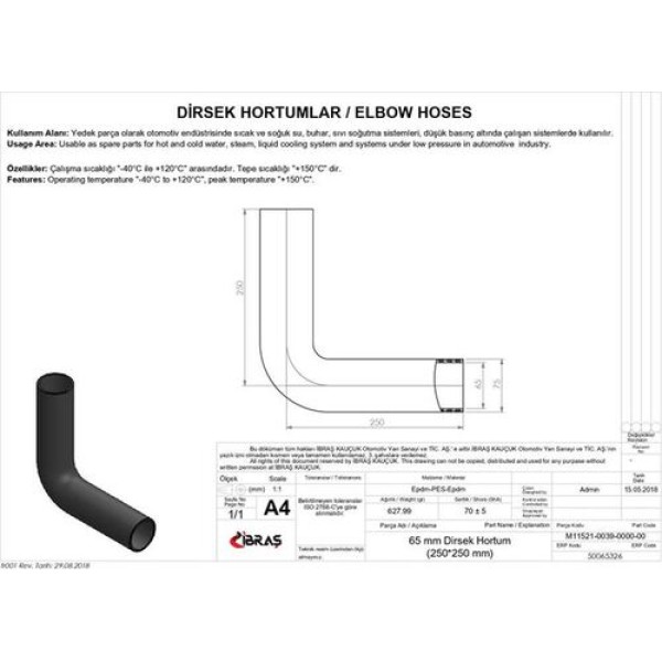 IBRAS 65326 65MM 75MM 25CM 25CM DIRSEK HORTUMU SICAK VE SOGUK SU KULLANIMI ICIN 