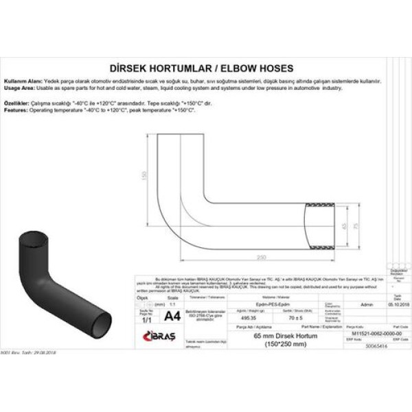 IBRAS 65416 65MM 75MM 15CM 25CM DIRSEK HORTUMU SICAK VE SOGUK SU KULLANIMI ICIN 