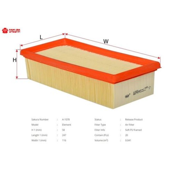 SAKURA A1078 HAVA FILTRESI.JAPON COLT(Z3) SMART 454 04-12 1.5 DI-D 04-07 