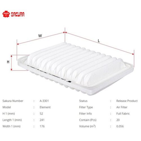 SAKURA A3301 HAVA FILTRESI.JAPON COROLLA(E15. E18) AURIS(E15. E18) 1.33-1.6 07- AVENSIS(T27) 1.6-1.8-2.0 09- RAV4(A3. A4) 2.0 09- VERSO(R2) 1.6-8 09- 1.33 1.6 07-17 