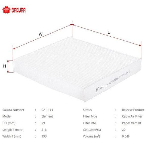 SAKURA CA1114 POLEN FILTRESI.JAPON COROLLA(E15. E18) YARIS(P9. P13) 06- AURIS(E15. E18) 07-18 HILUX(N1. N2. N3) 09-15 AVENSIS(T27) 09-18 RAV4(A3. A4) 06- VERSO(R2) 09- LAND CRUISER(J20) 4.7 32V-4.5 TD 07- 1.33 1.6 1.4 D4D 07-17 