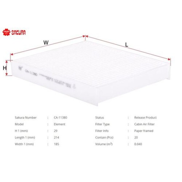 SAKURA CA11380 POLEN FILTRESI.JAPON COROLLA(E21) COROLLA(E21) HB 19- CHR(X1) 1.8 HYBRID 16- HILUX(GUN135. GUN125. GUN126) 15- 1.6 1.8 HYBRID 19 > 