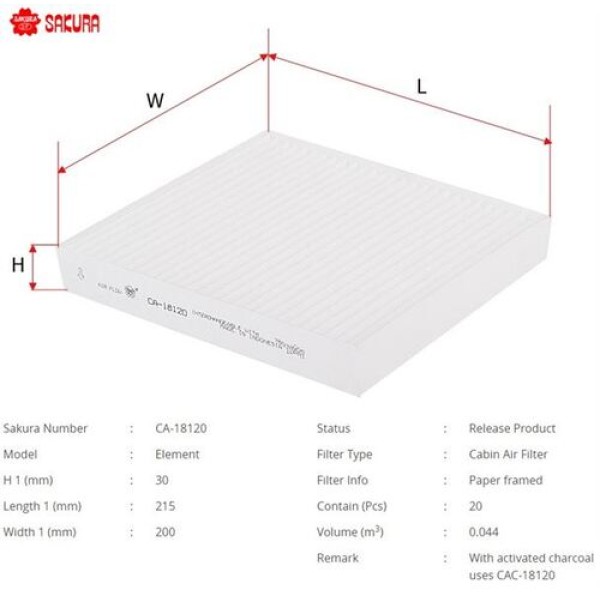 SAKURA CA18120 POLEN FILTRESI.JAPON LANCER(CY) ASX(GA) 1.6-1.6 DI-D-1.8 DI-D 10- OUTLANDER(CW. GF) 2.0-2.0 DI-D 09- ECLIPSE CROSS(GK) 17- L200(KK. KL) 15- DMAX(TFR. TFS) 2.5 CRDI-1.9 DDI 12- 1.5 1.6 2.0 T 08-16 
