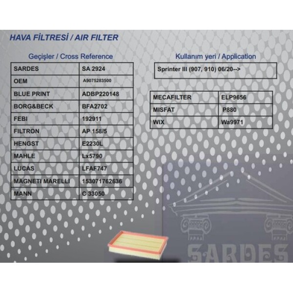 SARDES SA2924 HAVA FILTRESI SPRINTER III 907. 910 06/20 